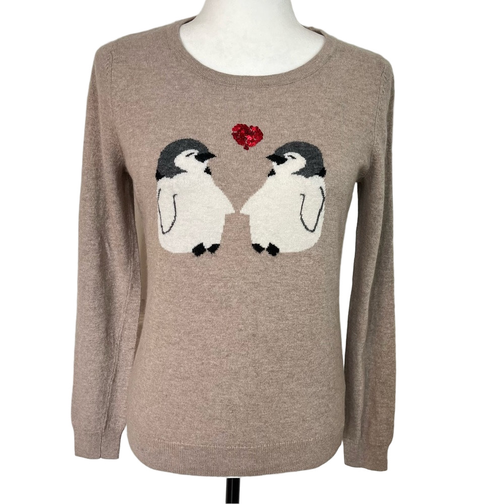 Clements Ribeiro Pop Wool Blend Sweater Small Penguin Heart Love Graphic Tan